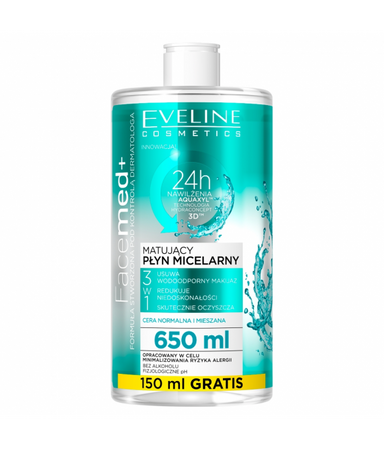 Eveline Cosmetics Facemed+ matujący płyn micelarny 3w1 650ml