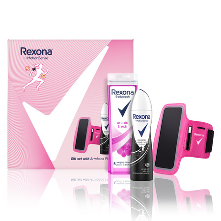 Rexona MotionSense Dezodorant Invisible On Black & White 150 ml + Żel Orchid Fresh 250 ml + Sportowe Etui na Telefon Zestaw