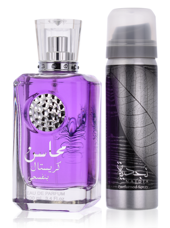 Lattafa Mahasin Crystal Violet Woda Perfumowana 100 ml + Dezodorant 50 ml Zestaw